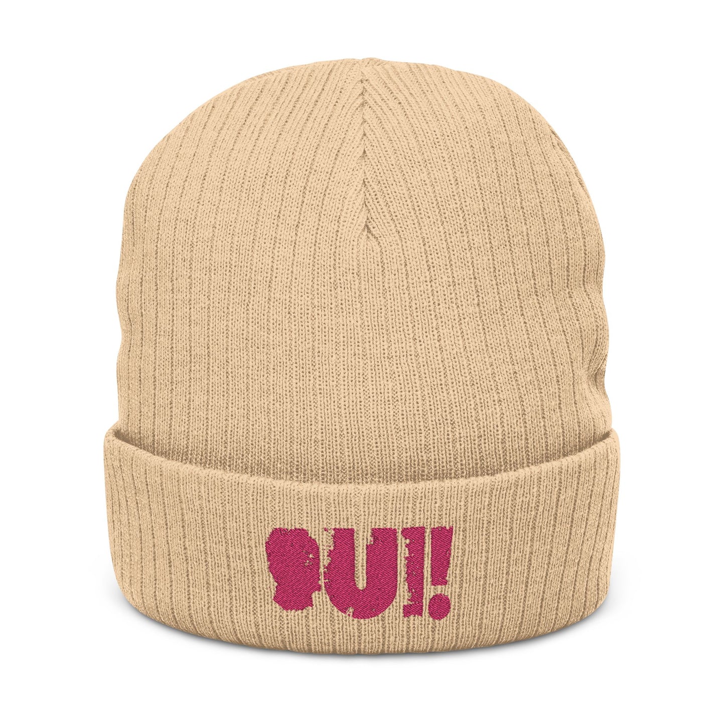 Trendy Ribbed Knit Beanie with 'Qui!' Embroidery – Stylish Winter Accessory for All Seasons