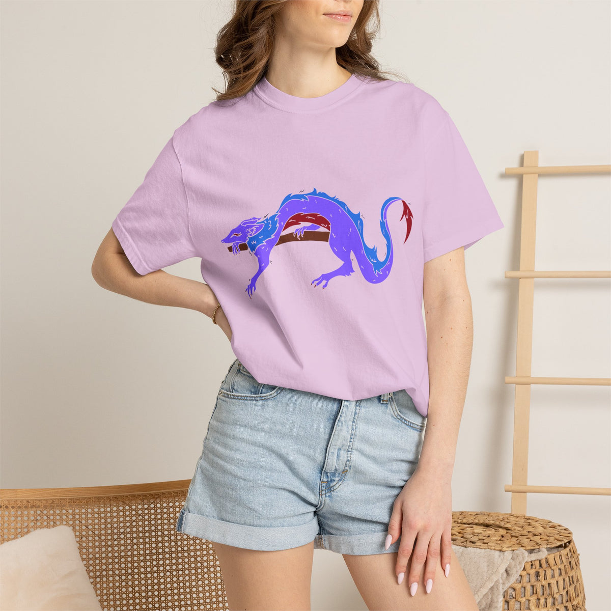 Fierce Dragon Graphic T-Shirt — Original art by Olivia Lagerlof with Tiny Back Shiba Accent