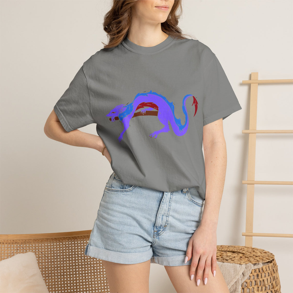 Fierce Dragon Graphic T-Shirt — Original art by Olivia Lagerlof with Tiny Back Shiba Accent