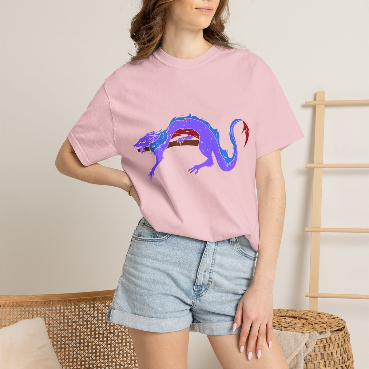 Fierce Dragon Graphic T-Shirt — Original art by Olivia Lagerlof with Tiny Back Shiba Accent