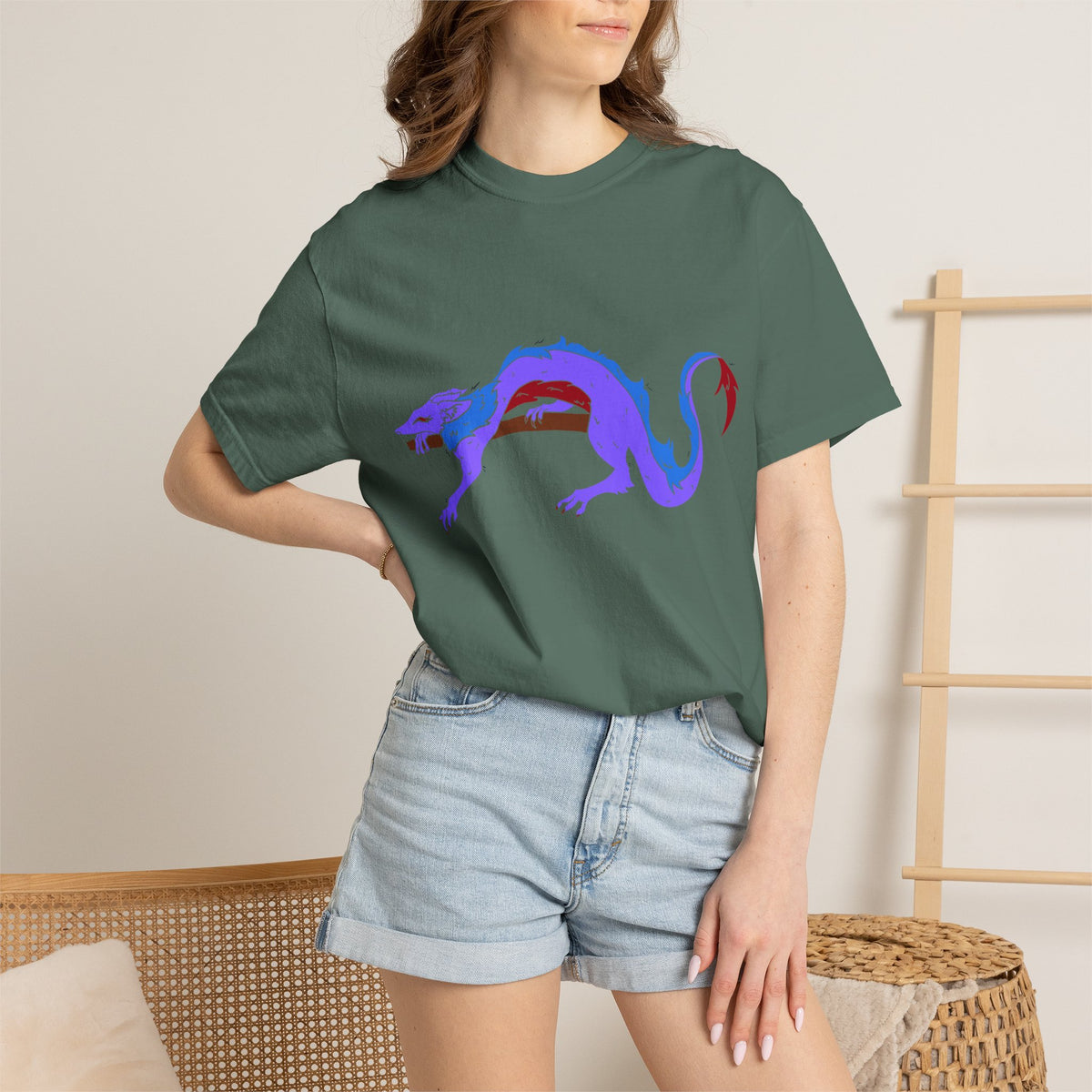 Fierce Dragon Graphic T-Shirt — Original art by Olivia Lagerlof with Tiny Back Shiba Accent