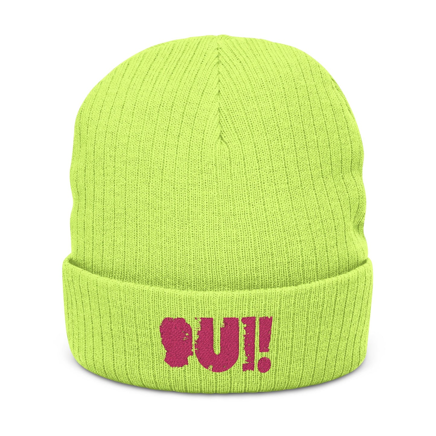 Trendy Ribbed Knit Beanie with 'Qui!' Embroidery – Stylish Winter Accessory for All Seasons