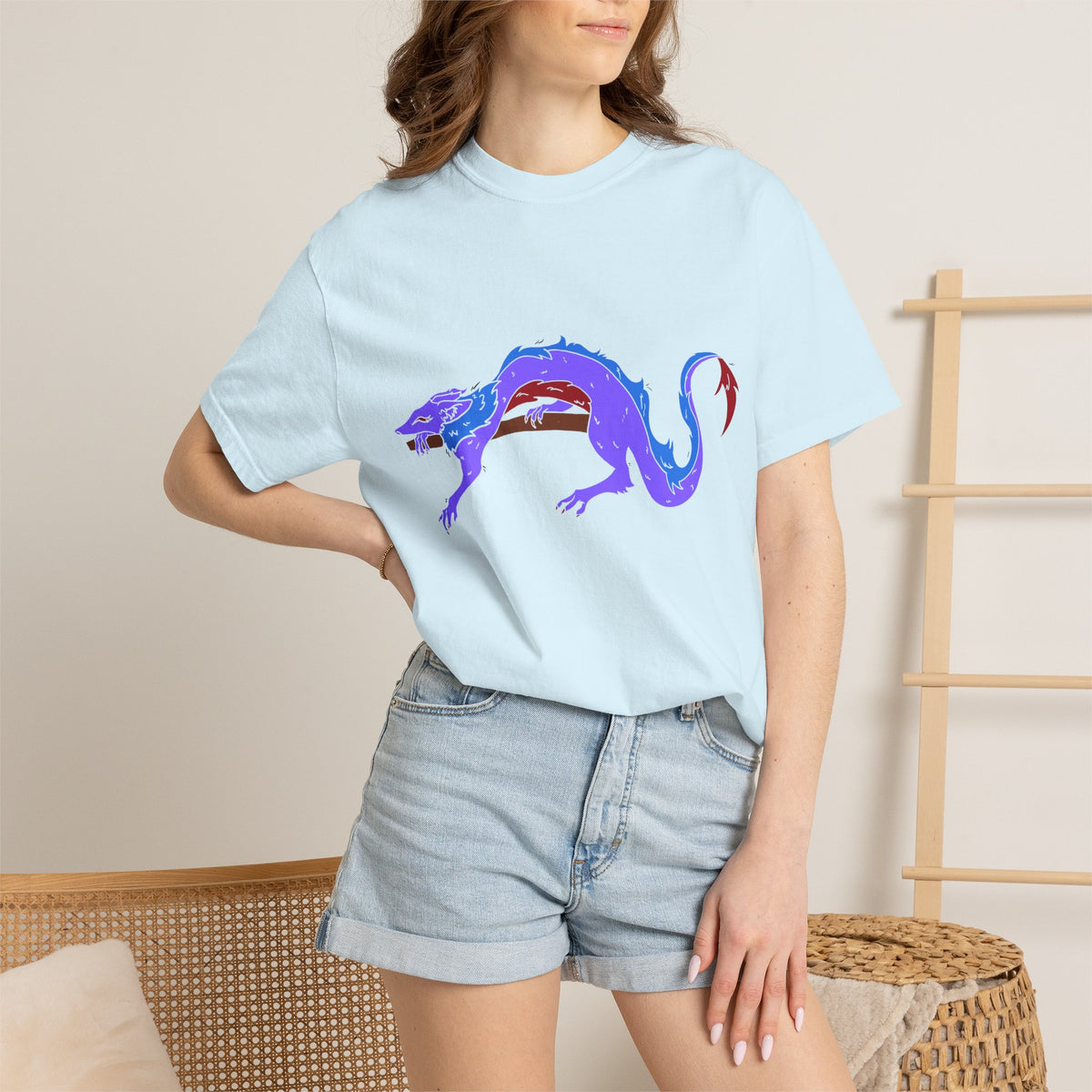 Fierce Dragon Graphic T-Shirt — Original art by Olivia Lagerlof with Tiny Back Shiba Accent