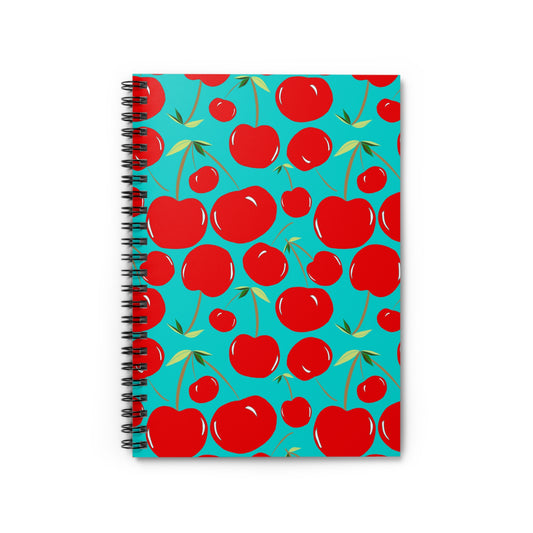 Spiral Notebook - Cherries on Cyan Ruled Line