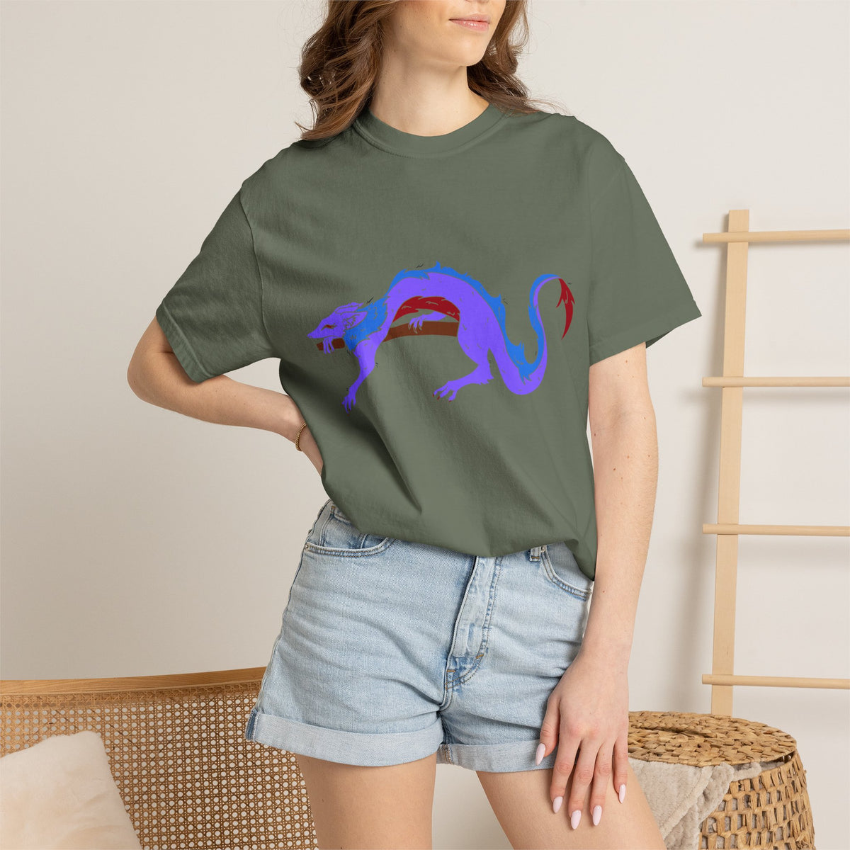 Fierce Dragon Graphic T-Shirt — Original art by Olivia Lagerlof with Tiny Back Shiba Accent