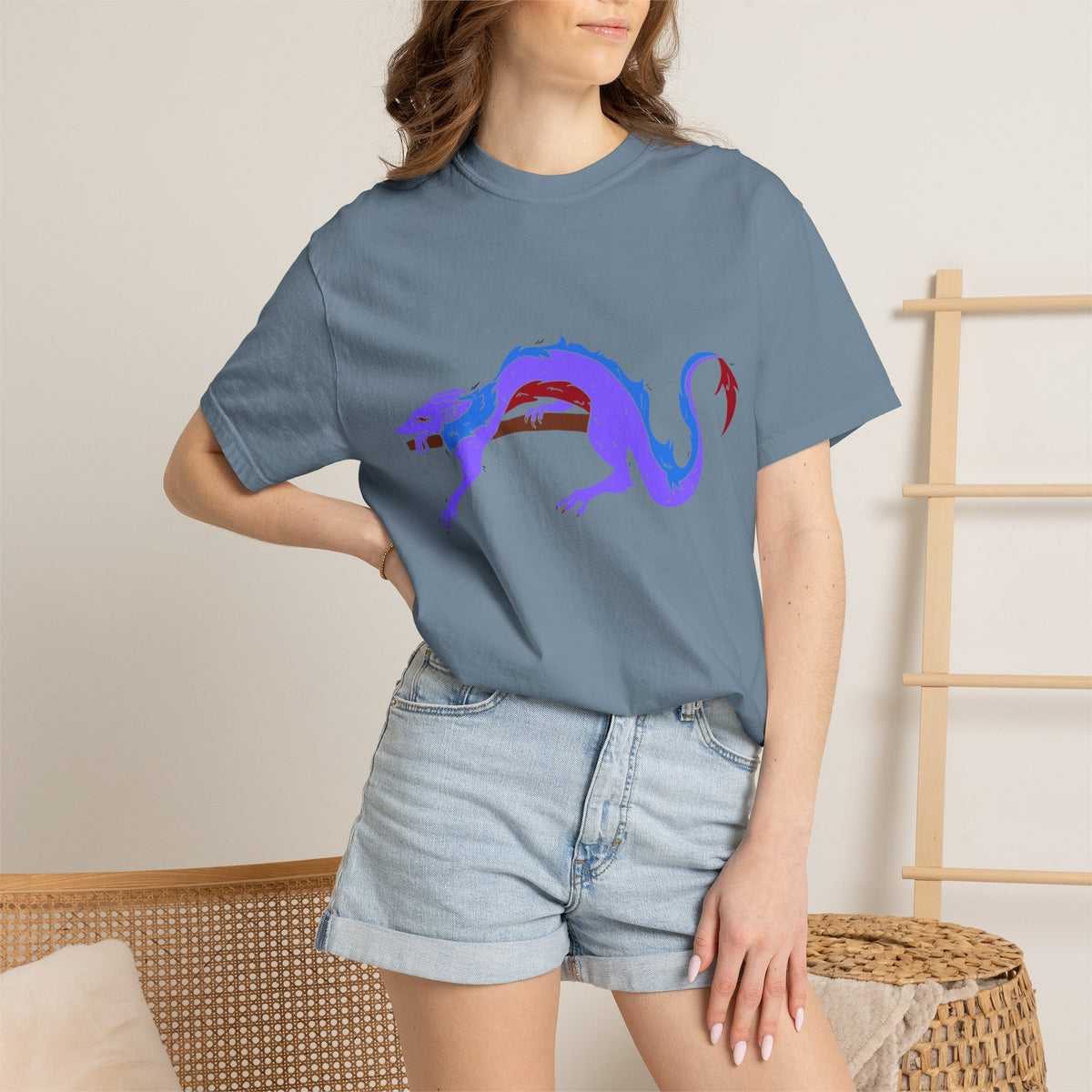 Fierce Dragon Graphic T-Shirt — Original art by Olivia Lagerlof with Tiny Back Shiba Accent