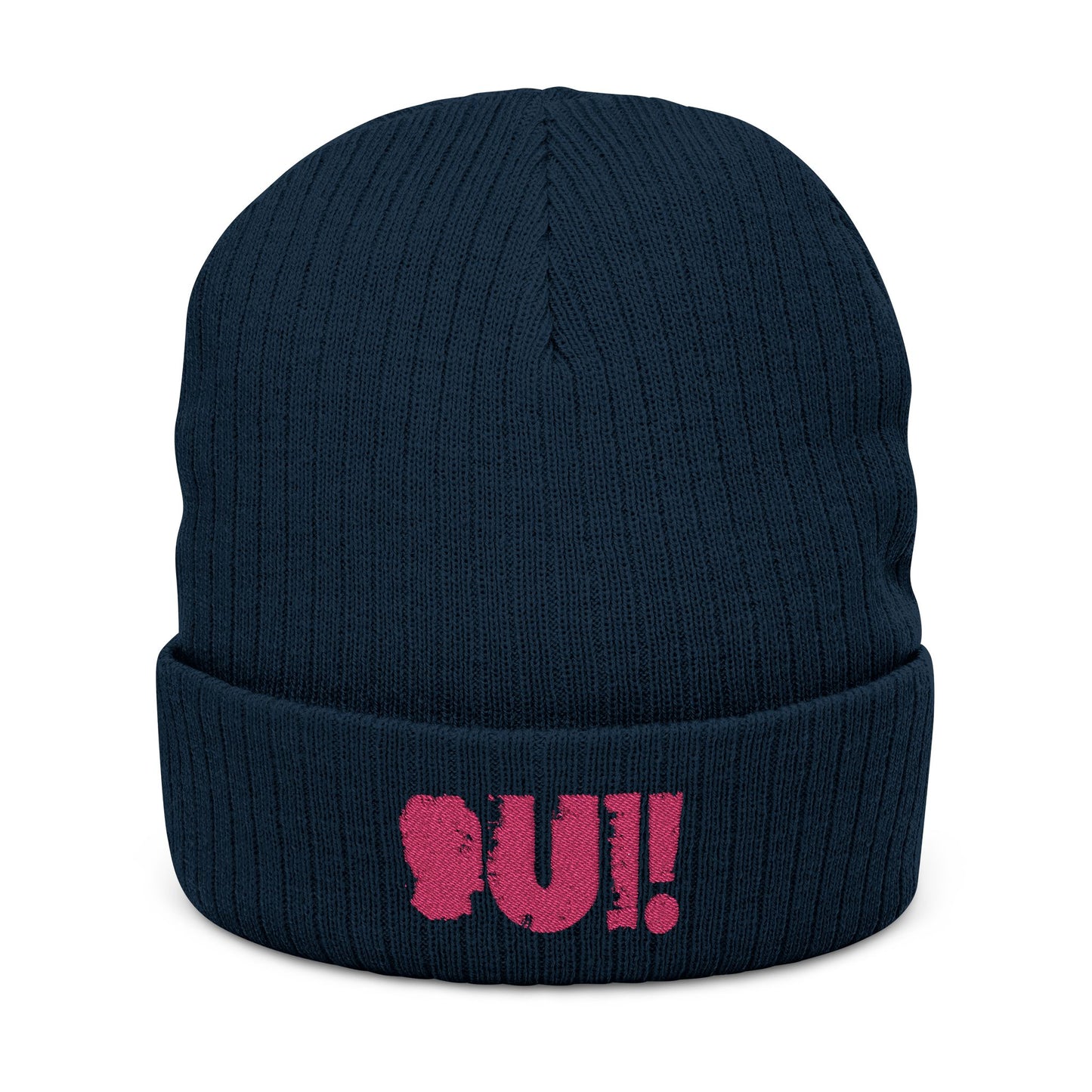 Trendy Ribbed Knit Beanie with 'Qui!' Embroidery – Stylish Winter Accessory for All Seasons