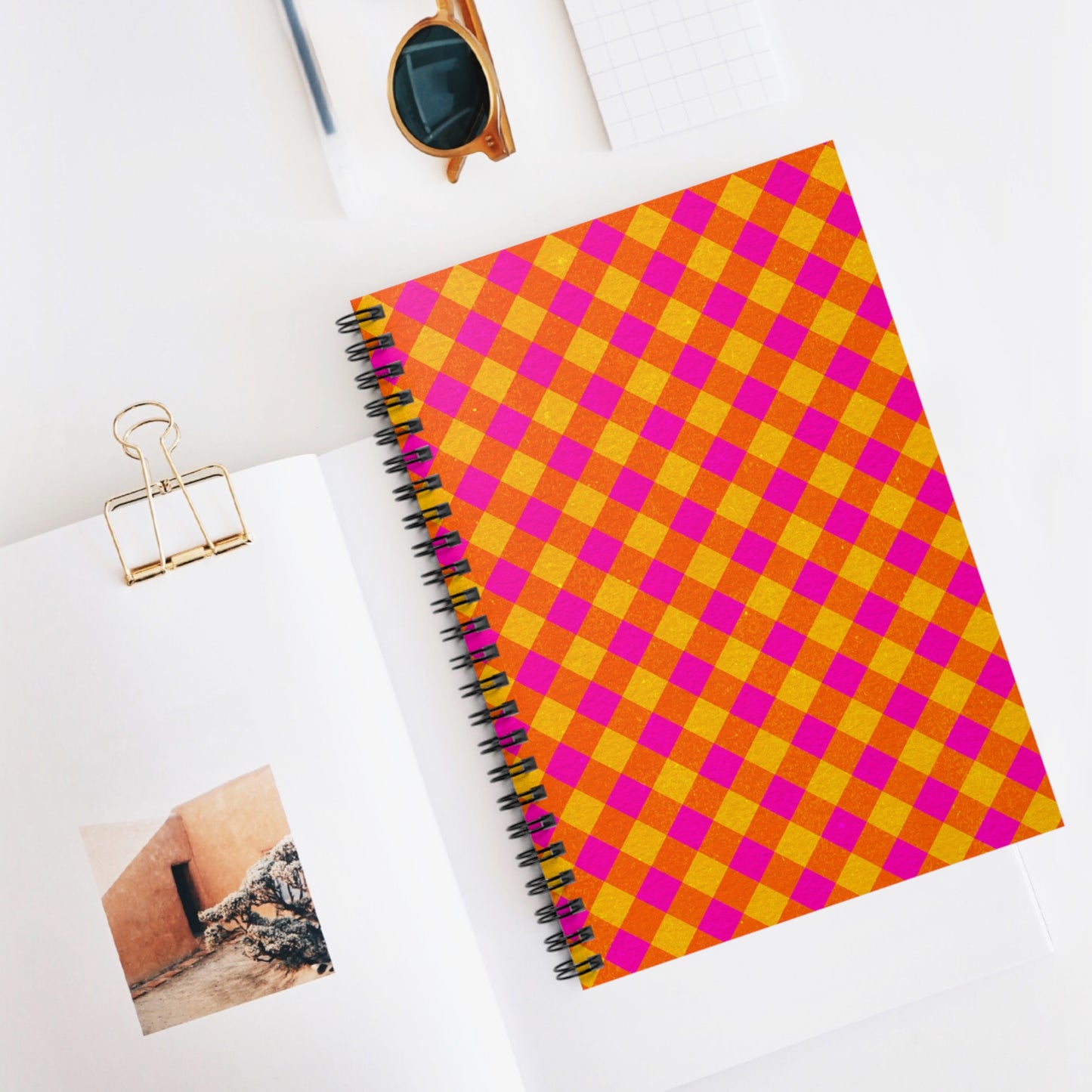 Spiral Notebook - Orange and Pink Gingham Design