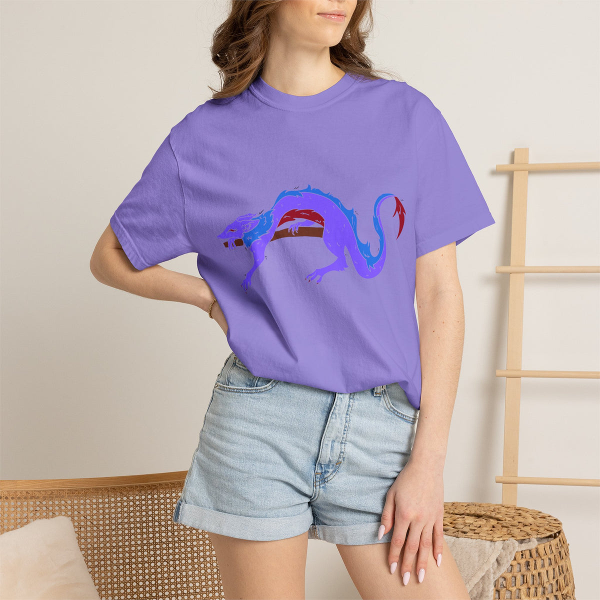 Fierce Dragon Graphic T-Shirt — Original art by Olivia Lagerlof with Tiny Back Shiba Accent